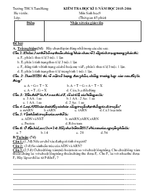Kiểm tra học kì I Năm học 2015- 2016 môn sinh học 9  (thời gian 45 phút)